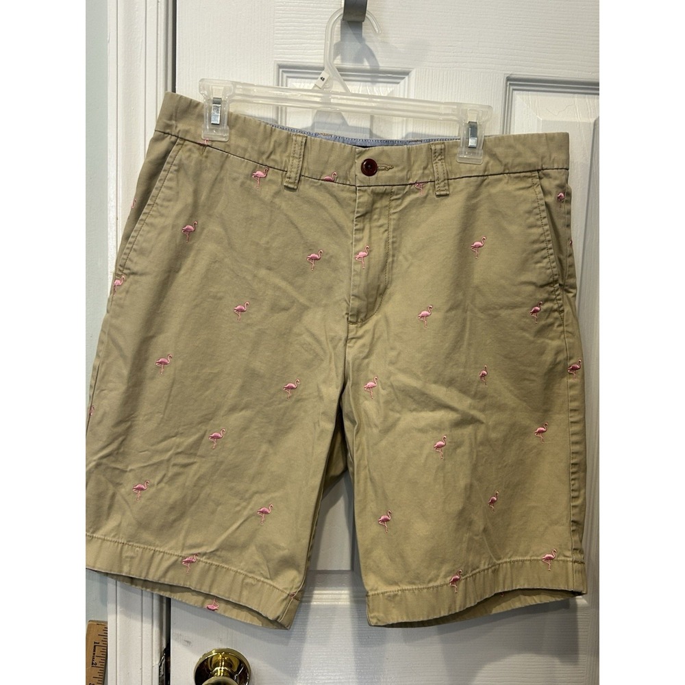 Tommy Hilfiger Mens Pink Flamingo Embroidered Shorts Khaki Size 33 Beach Crusie